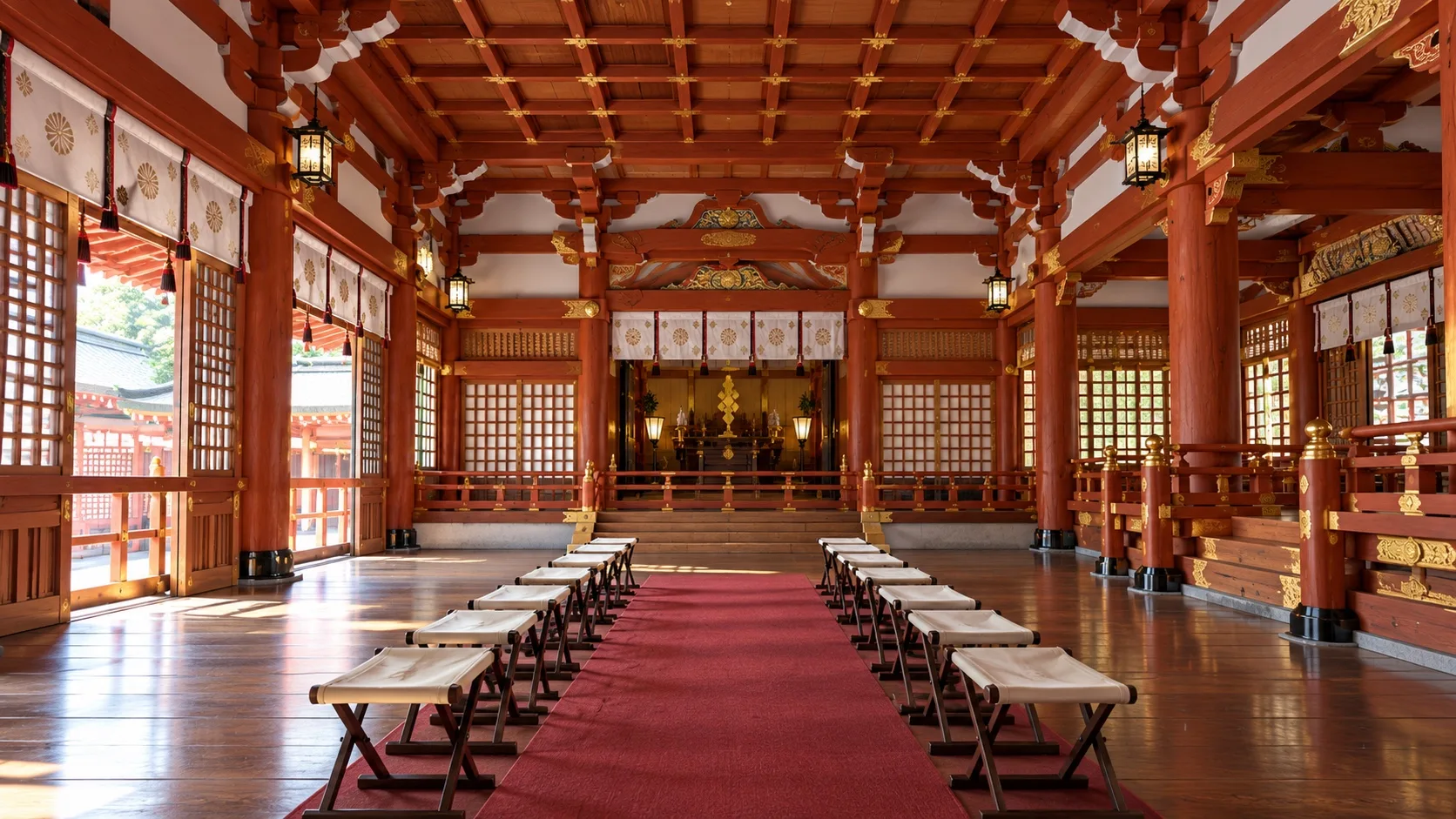 朱柱と格天井を備えた赤綴神社の内部拝殿